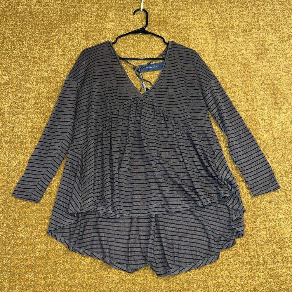 NWT Lucky Brand Tunic Striped Swing Top T-shirt 100% Linen Sz L Gray Purple